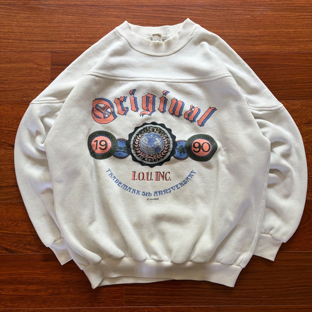 Vintage 1990 I.O.U. INC. Embroidered Graphic Sweatshirt White Streetwear M
